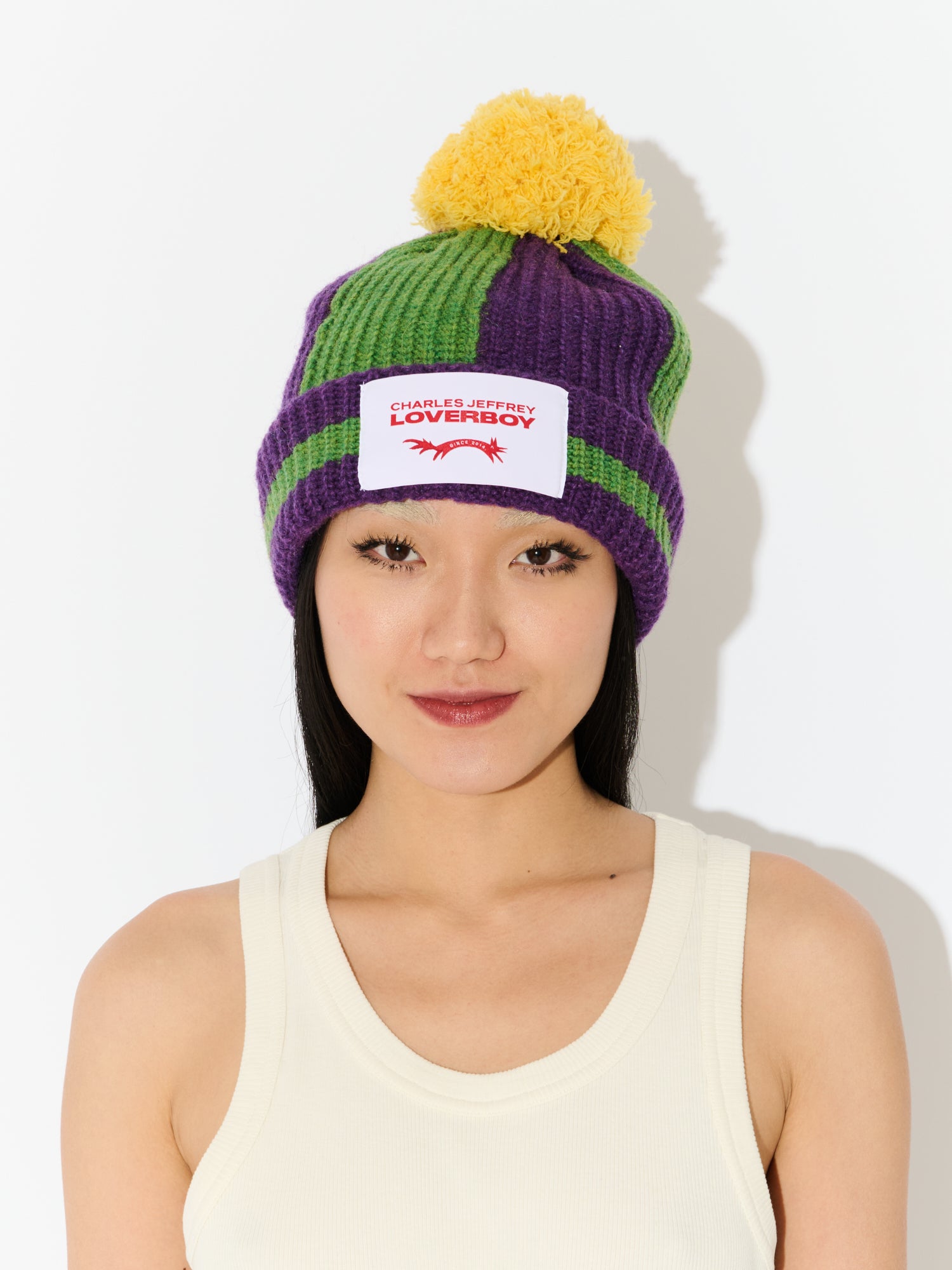 POMPOM BEANIE in GREEN PURPLE YELLOW - Image 3