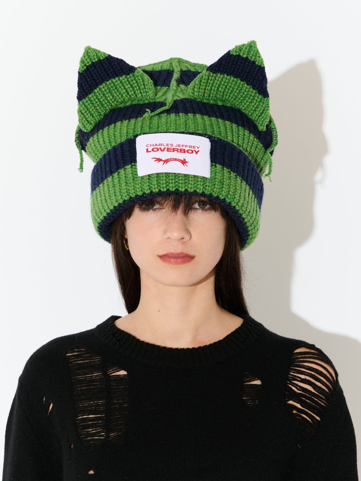 SUPERSIZED CHUNKY EARS BEANIE in GREEN NAVY STRIPE - Image 3