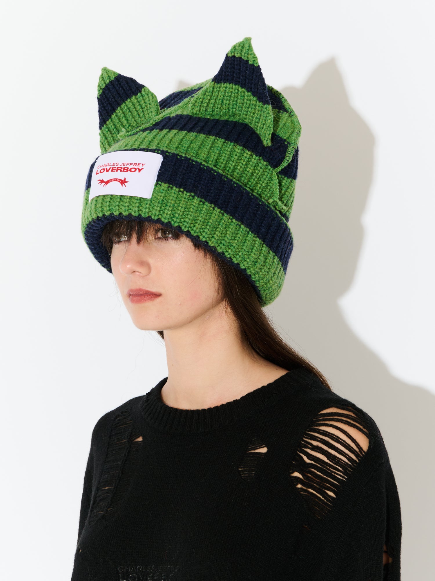 SUPERSIZED CHUNKY EARS BEANIE in GREEN NAVY STRIPE - Image 4