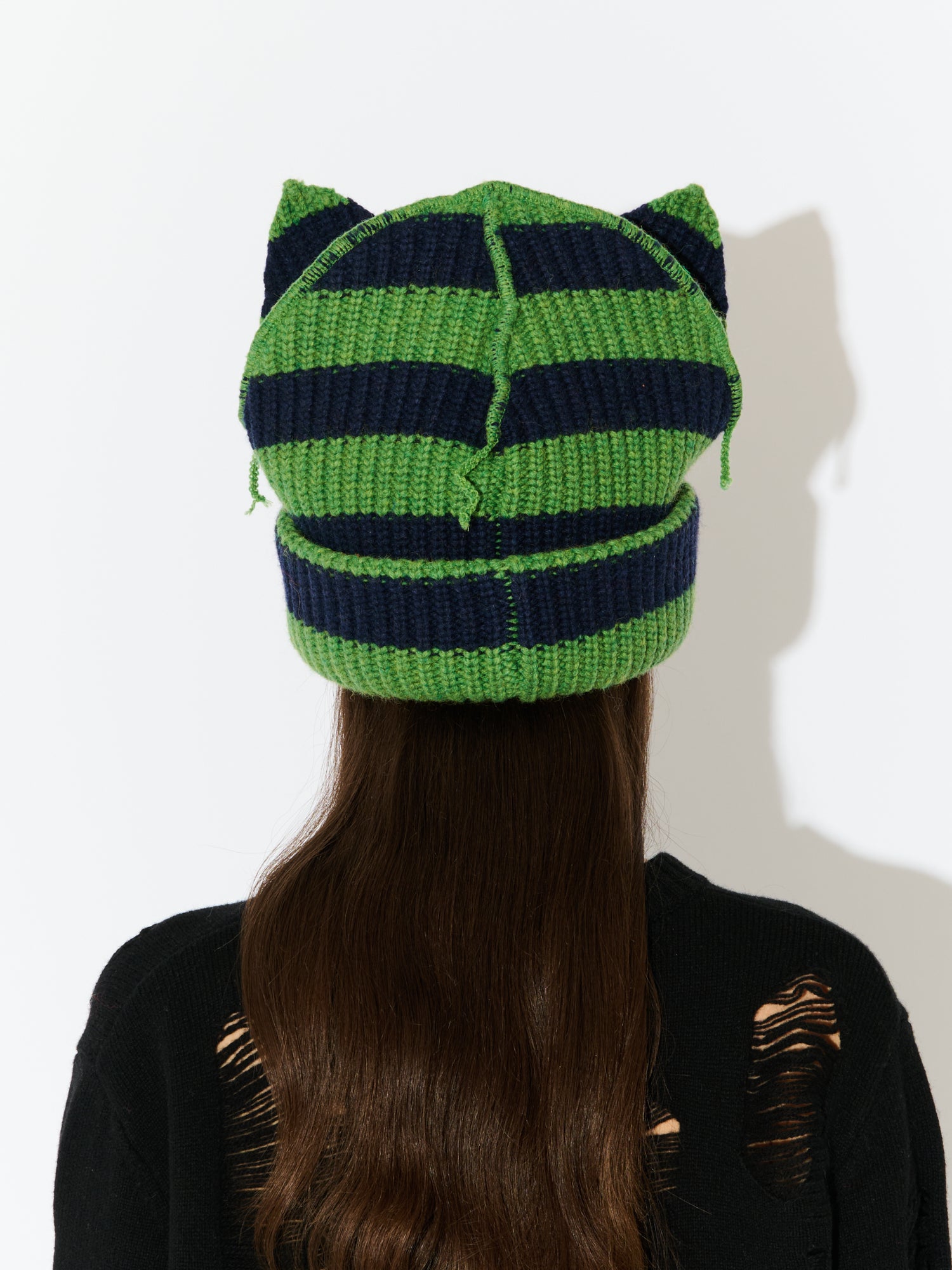 SUPERSIZED CHUNKY EARS BEANIE in GREEN NAVY STRIPE - Image 5
