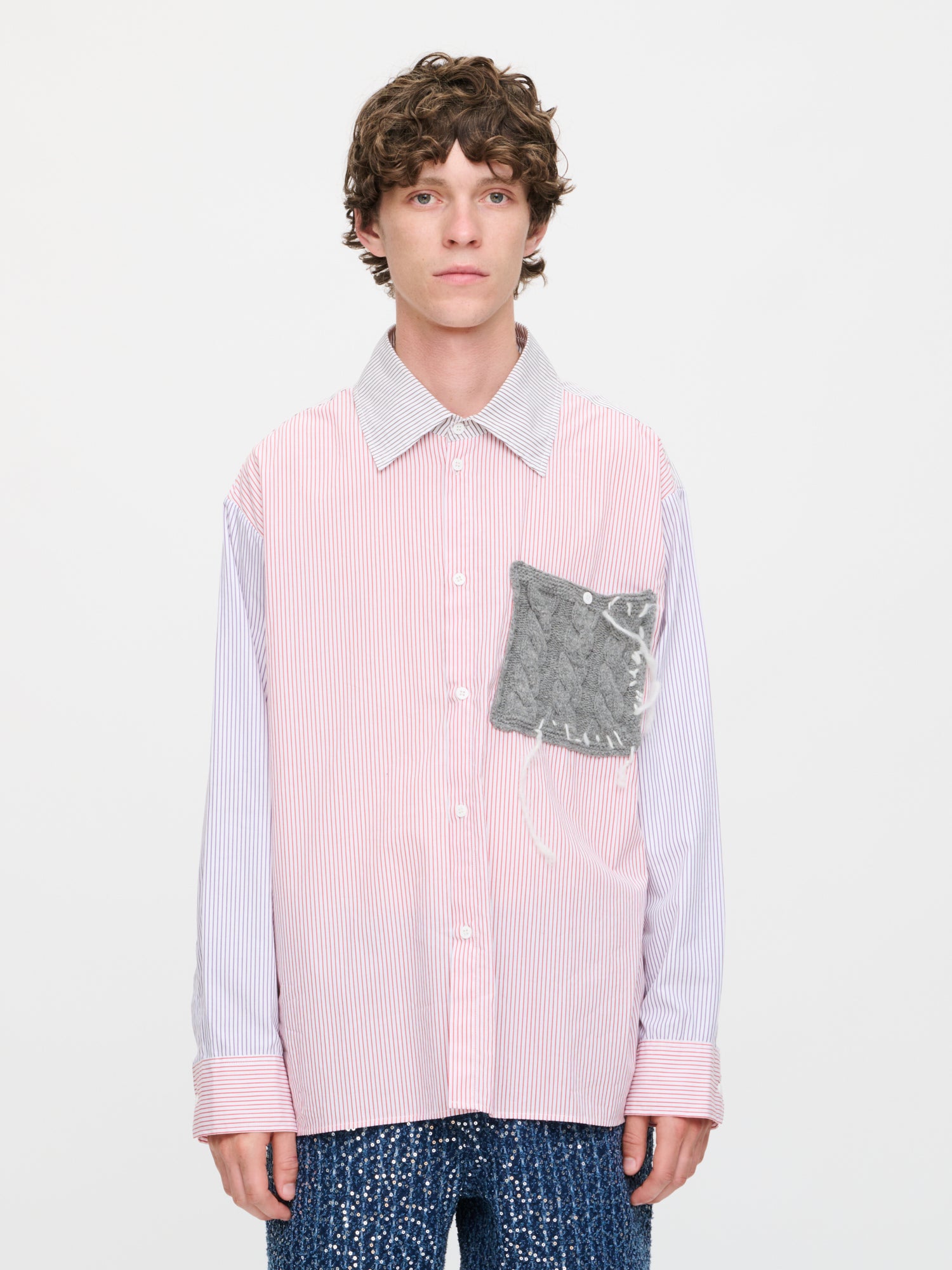 OVERSIZED LONG SLEEVE SHIRT WITH KNITTED PATCH in RED PURPLE KHAKI STRIPE
