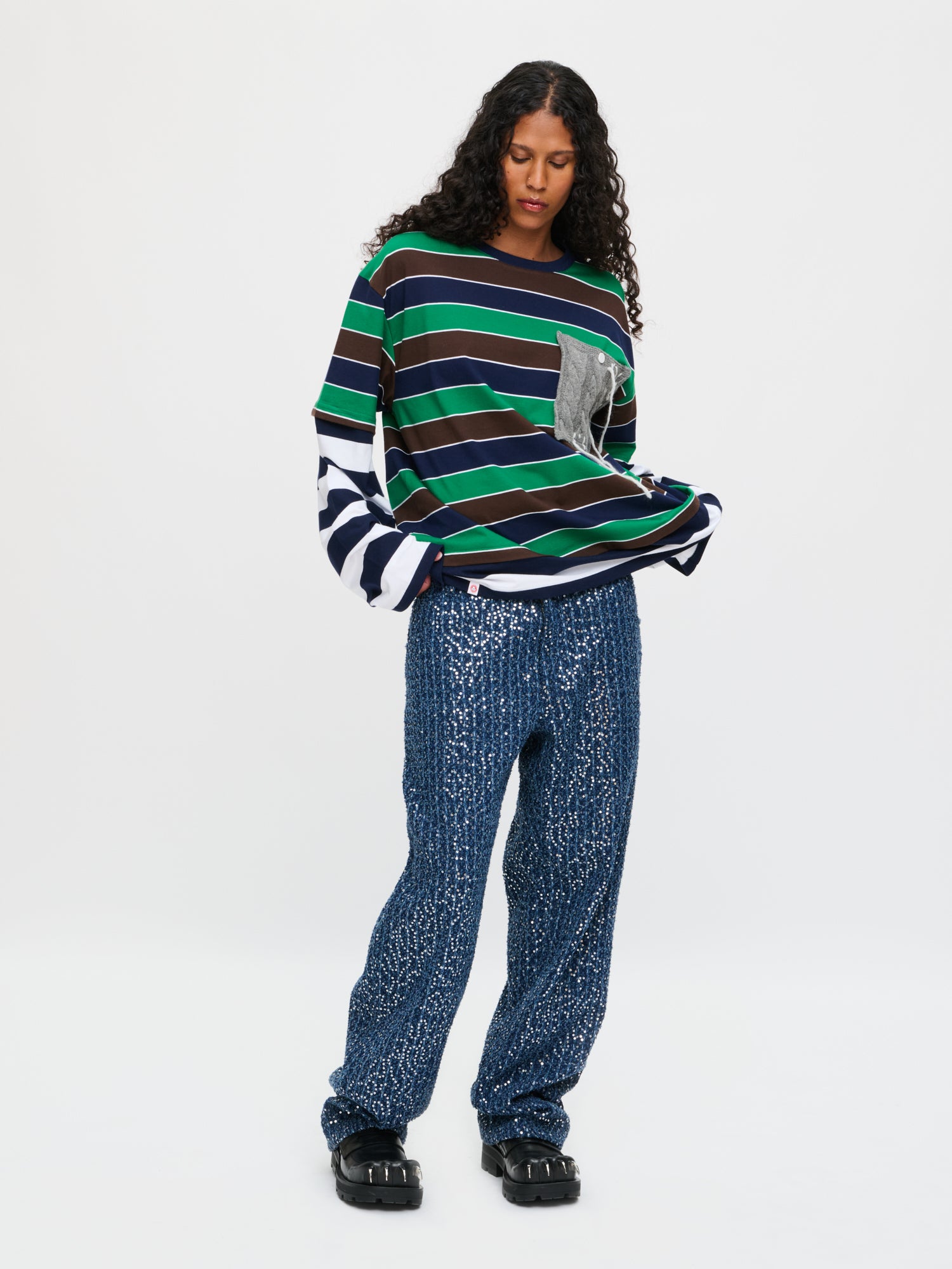 PATCH LONG SLEEVE 2-IN-1 TEE in GREEN NAVY BROWN STRIPE - Image 2