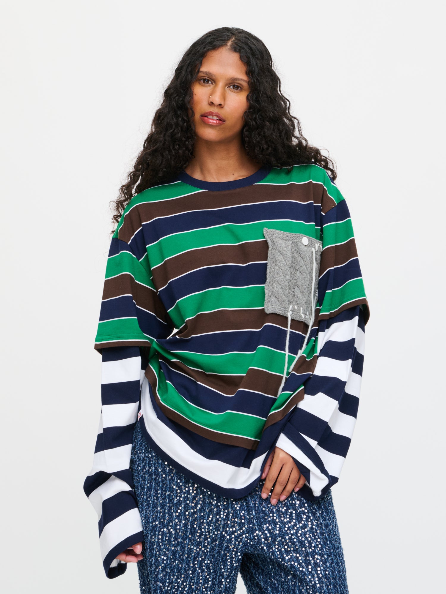 PATCH LONG SLEEVE 2-IN-1 TEE in GREEN NAVY BROWN STRIPE