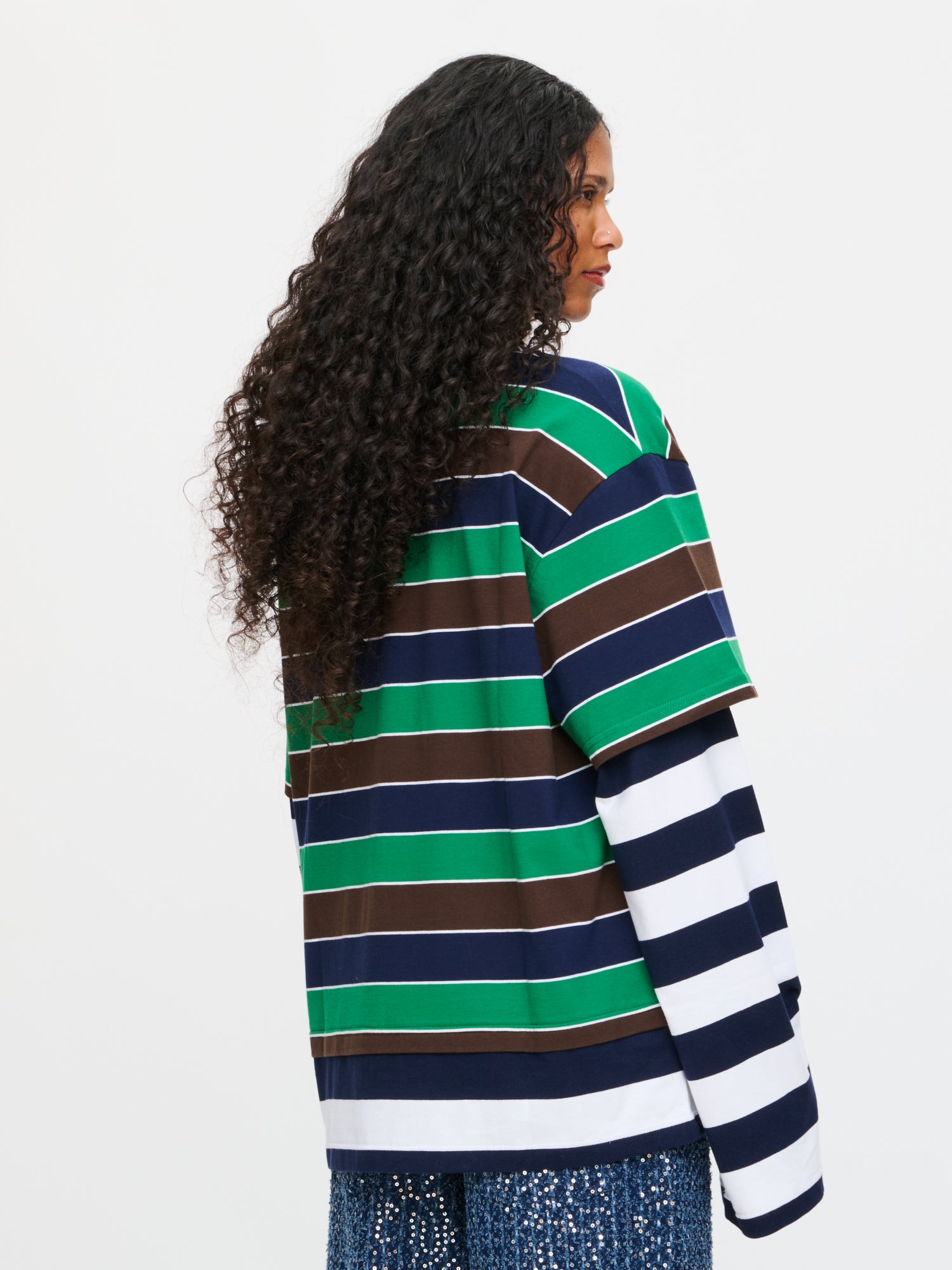 PATCH LONG SLEEVE 2-IN-1 TEE in GREEN NAVY BROWN STRIPE - Image 3